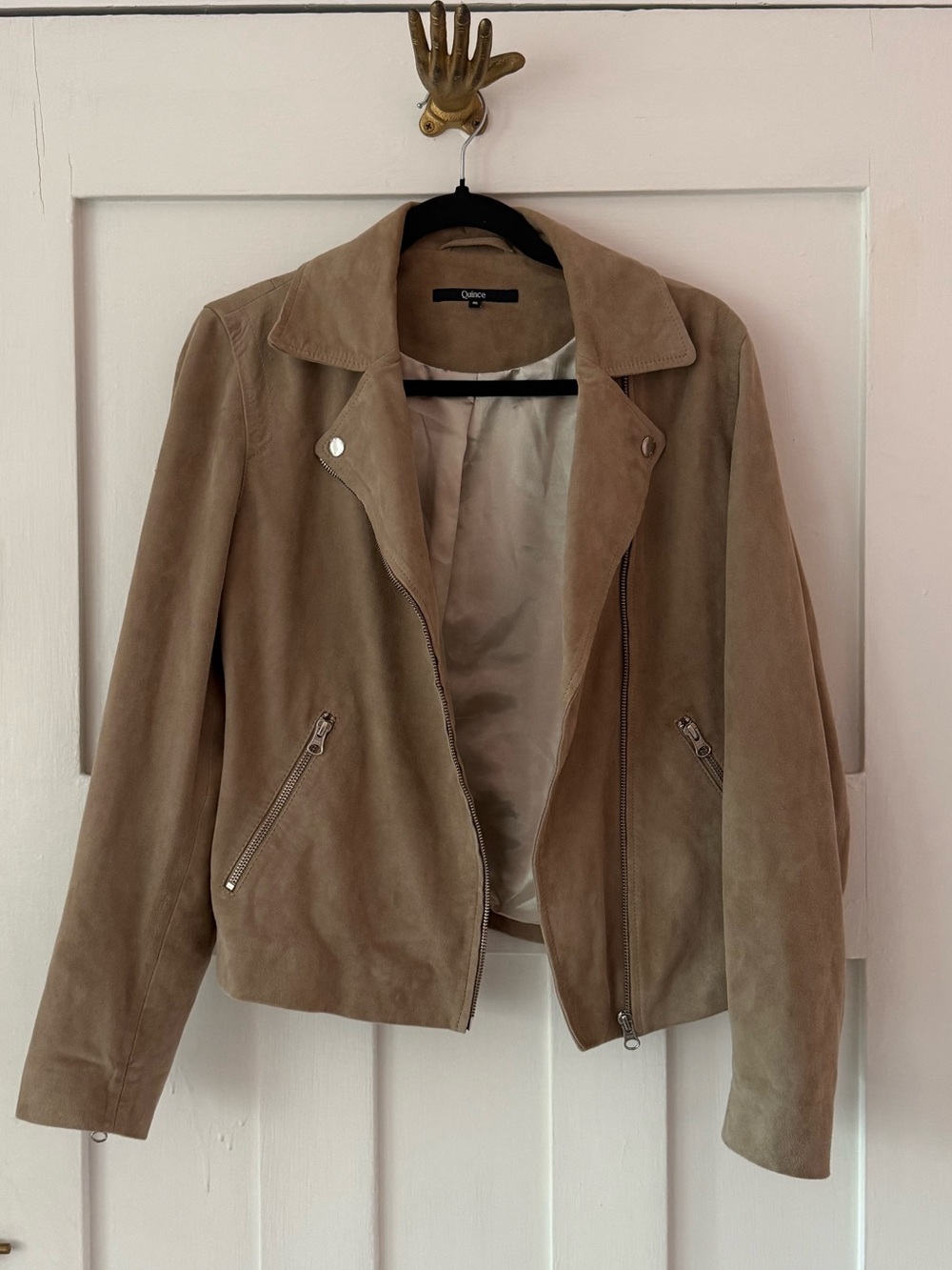 Quince Taupe 100% Genuine Goat Suede Moto Jacket - Women's